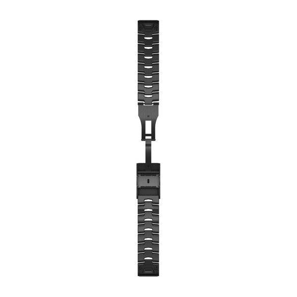 Schwarzes segmentiertes Uhrenarmband mit einem zentralen Verschlussverbinder, vertikal auf weißem Hintergrund dargestellt.