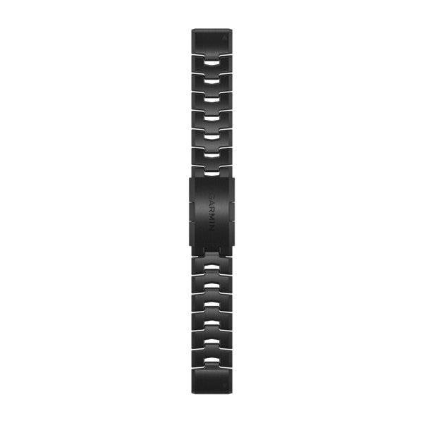 Schwarze Metalluhr-Armband-Gliederband isoliert auf weißem Hintergrund, vertikal dargestellt.