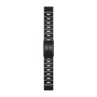 Schwarzes Uhrenarmband oder Riemen vertikal auf weißem Hintergrund dargestellt, mit segmentierten Gliedern und einer zentralen Schließe oder Verbindung.