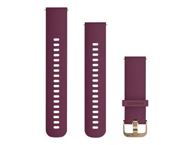 Drei Ansichten eines violetten Garmin-Armbands: zwei Riemenlängen mit Verstelllöchern und eine Ansicht mit der angebrachten goldenen Schnalle.