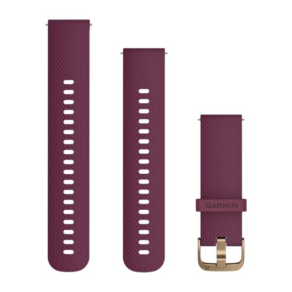 Maroon-farbiges Garmin-Uhrenarmband in Vorder- und Rückansicht mit goldener Schnalle und Befestigungshardware auf der rechten Seite.