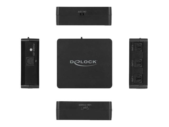 Schwarz Delock Netzwerk-Splitter-Hub von mehreren Winkeln gezeigt, mit einer zentralen quadratischen Einheit und vier Seitenansichten, die Ethernet- und Power-/USB-Anschlüsse offenbaren.