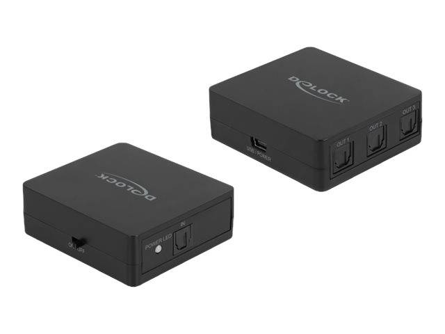 Zwei schwarze DOLCK-Kompakt-Netzwerk-Splitter-Boxen, von zwei Winkeln gezeigt, jede mit mehreren RJ45-Anschlüssen und einem Ein-/Ausschalter.
