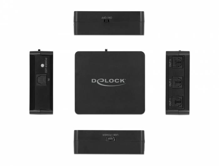 Ein schwarzer Delock Netzwerk-Switch-Hub, dargestellt mit Ober-, Unter- und Seitenansichten, einschließlich gekennzeichneter Ethernet-Anschlüsse und Stromeingang.