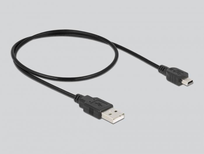 Schwarzes USB-Kabel mit Standard-USB-A-Stecker und Micro-USB-Anschluss auf grauem Hintergrund.