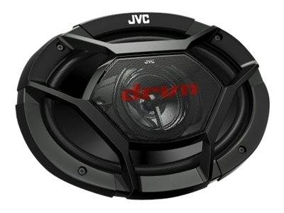 Schwarzer ovaler JVC-Autolautsprecher mit Schutzgitter und roter 