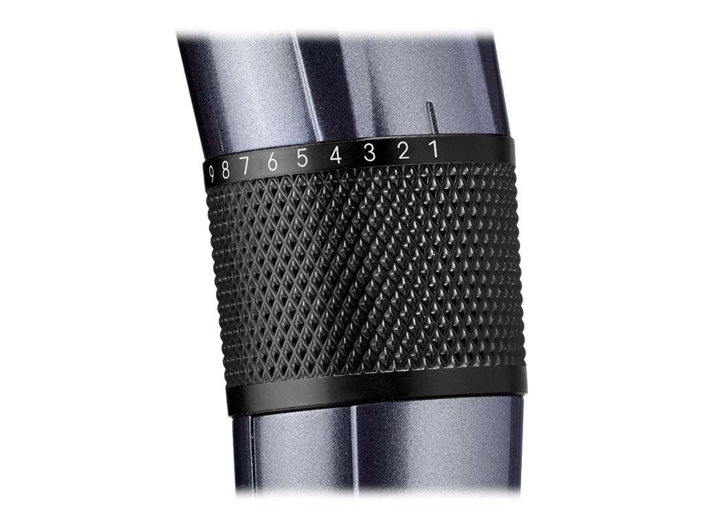 Nahaufnahme eines zylindrischen Metallgeräts mit strukturiertem Griff und nummeriertem Einstellring von 8 bis 1.