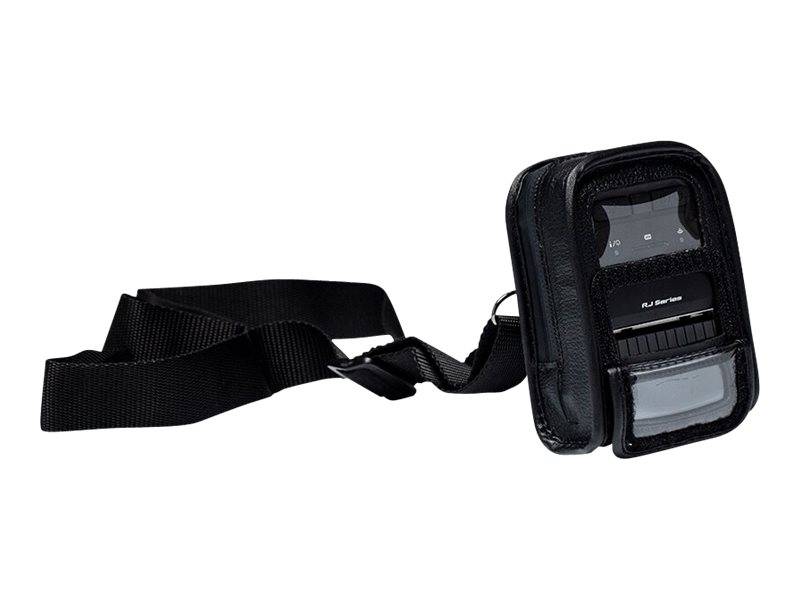 Schwarzes kabelloses Pager-Holster mit verstellbarem Gürtelriemen und transparentem Frontfenster, auf weißem Hintergrund dargestellt.