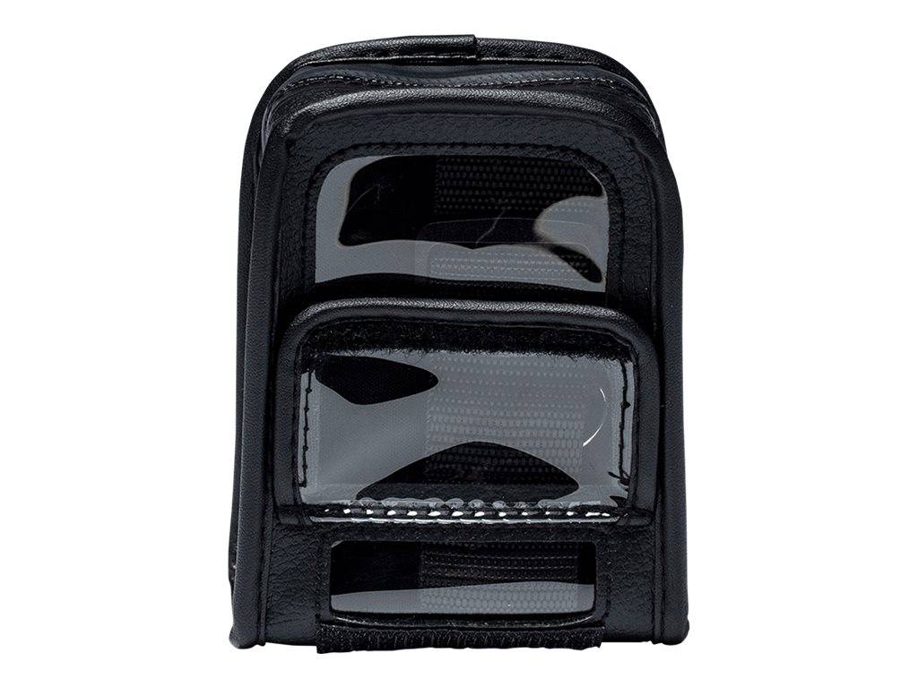 Schwarze Ledertasche mit Reißverschluss, klaren Vorderfenstern und mehreren Fächern, gezeigt auf weißem Hintergrund.