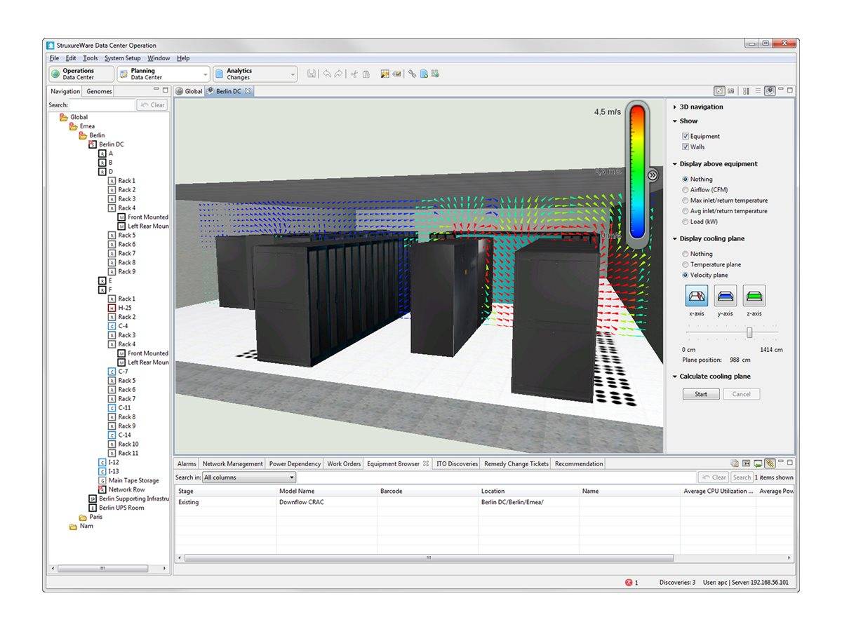 Computerprogramm mit einem 3D-Modell eines Rechenzentrums mit Serverracks und einer farbcodierten Visualisierung des Luftstroms/der Wärmekarte, sowie einem linken Navigationsbaum und einem Einstellungsbereich.