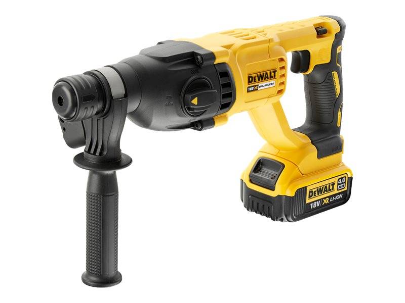 Gelb-schwarzer DEWALT Akku-Bohrhammer mit Seitegriff und Akku auf weißem Hintergrund.