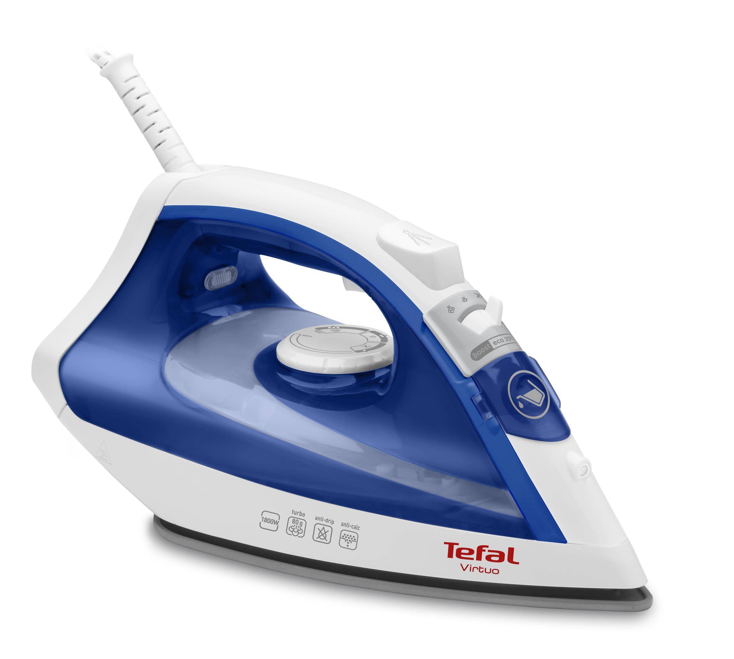 Tefal Virtuo FV1711, Dampfbügeleisen, Duriliumsohle, 1,9 m, 80 g/min, Violett, Weiß, 24 g/min