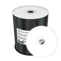 Schwarzer zylindrischer Medienspeichergehäuse mit weißem Etikett und einer weißen Blankdisc davor, was auf einen Disc- oder Filmspulenhalter hindeute.