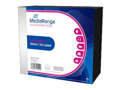 Schachtel mit beschreibbaren MediaRange CD-R Medien, 80 Minuten, 52x Geschwindigkeit, dargestellt in Einzelhandelverpackung.