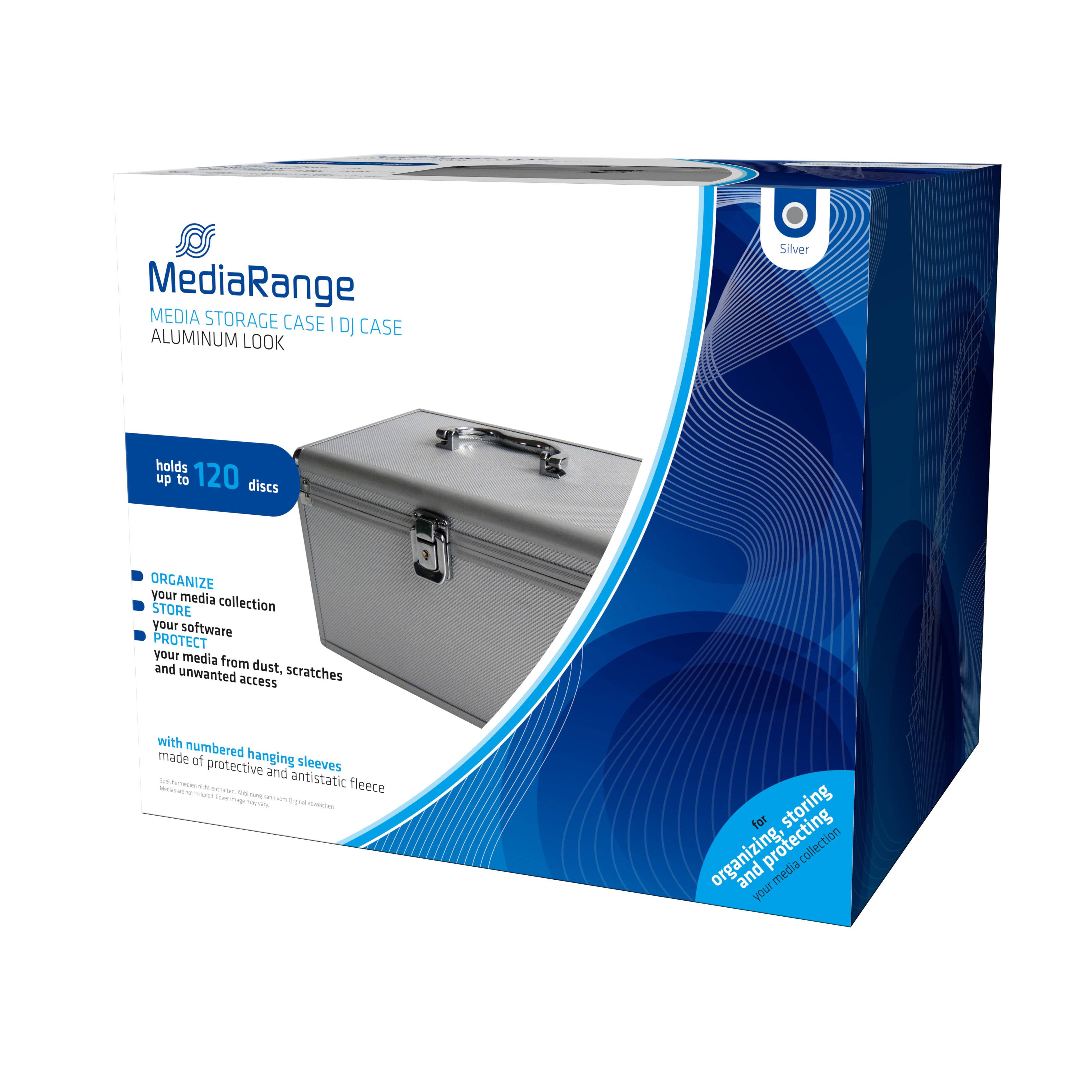 MediaRange BOX79, Gehäusebox, 120 Disks, Silber, Fleece, Kunststoff, Holz, 120 mm, Aluminium