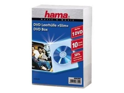 Hama 'DVD Leerhülle Slim' DVD-Box-Verpackung für 1 DVD, zeigt einen blauen Kasten und Werbelabels für 1 Disc, 10er-Packs und 50 % Ersparnis.