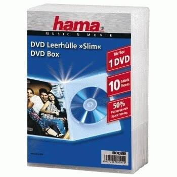 Packung mit 10 schlanken DVD-Hüllen von Hama, beschriftet mit „DVD Leerhülle Slim