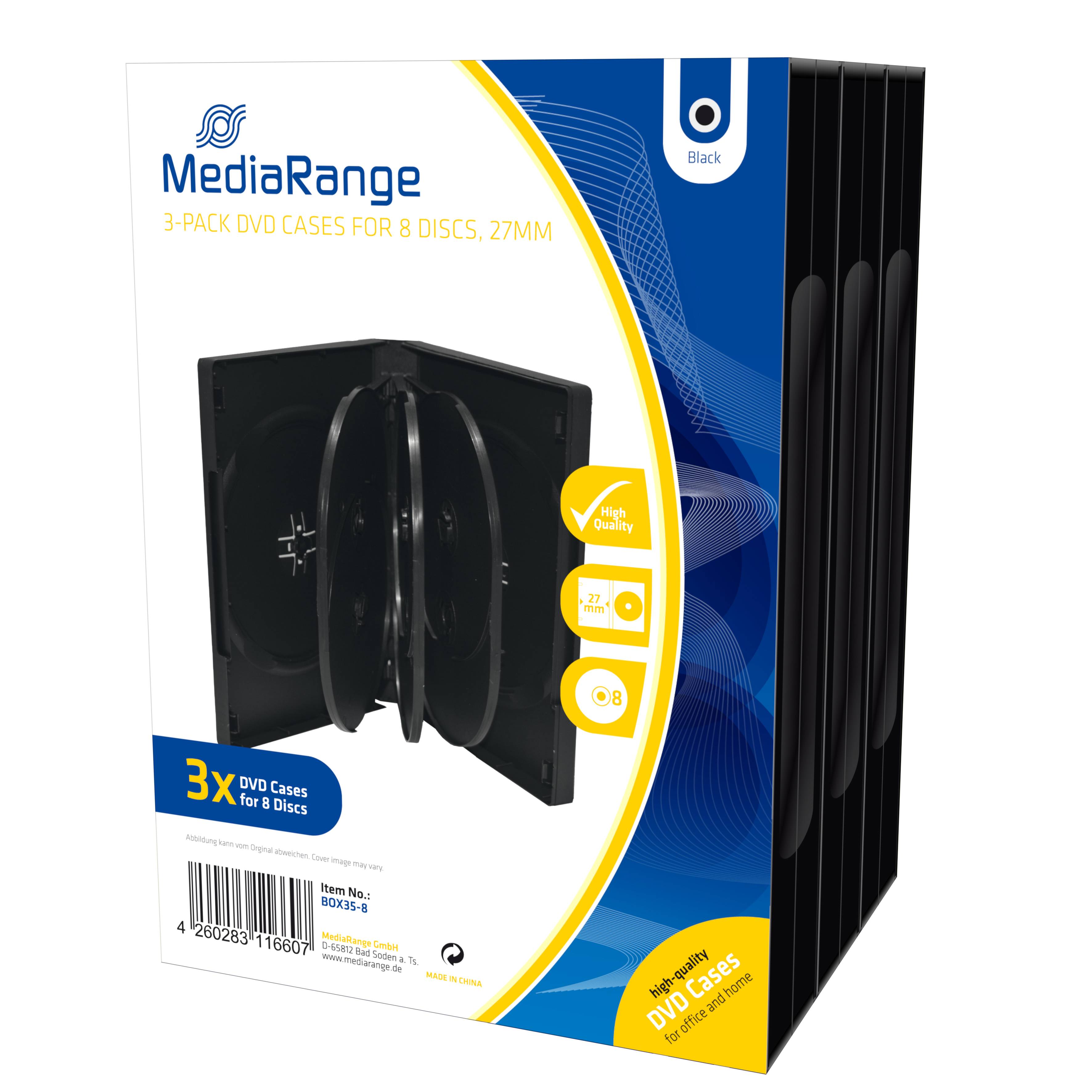 MediaRange BOX35-8, Schmuckschatulle, 8 Disks, Schwarz, Kunststoff, 120 mm, Staubresistent, Kratzresistent