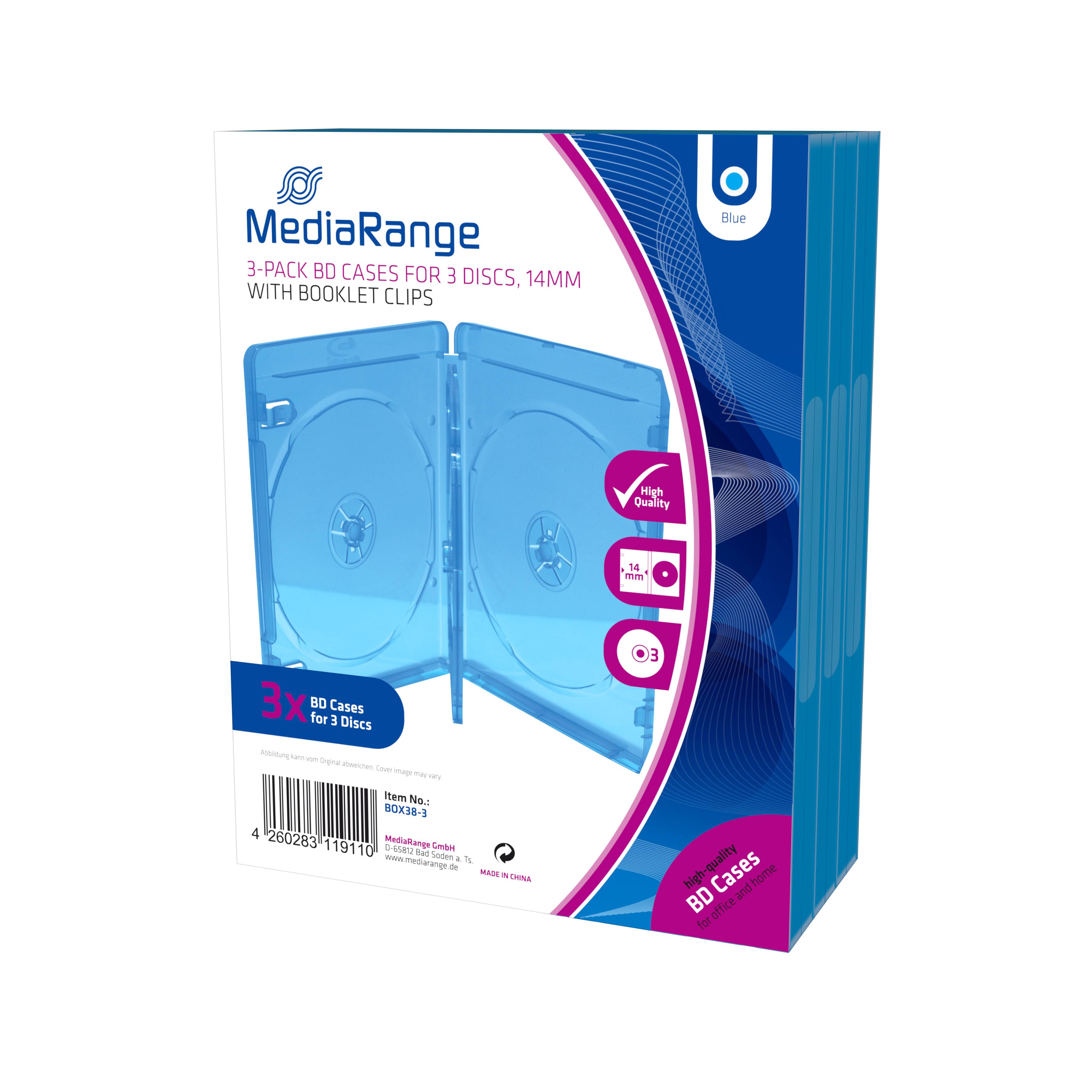 MediaRange BOX38-3-30, Blu-ray-Gehäuse, 3 Disks, Blau, Transparent, Kunststoff, 120 mm, 134 mm