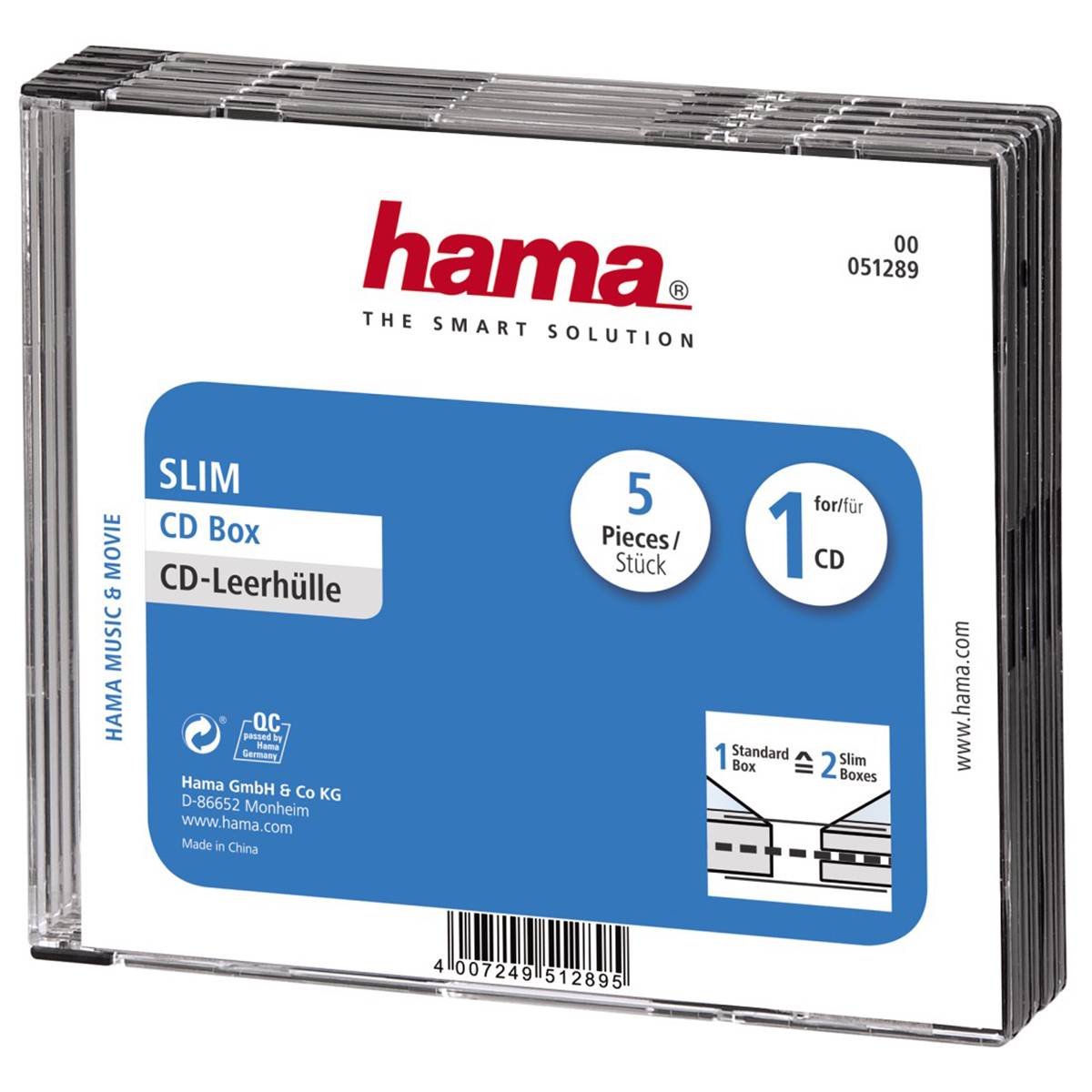 Hama - Slim Jewel Case für Speicher-CD - Kapazität: 1 CD - durchsichtig schwarz (Packung mit 5)