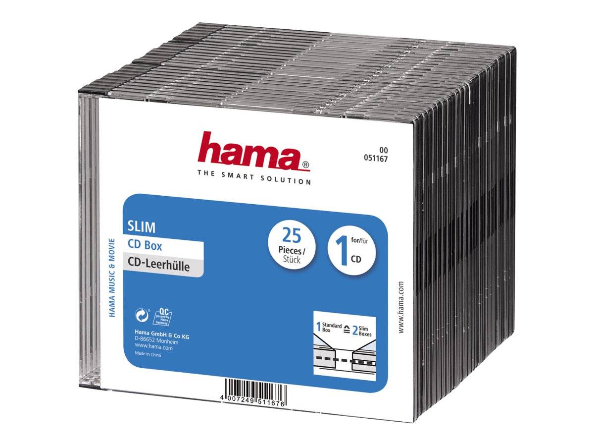 Schachttel mit Hama-CD-Slim-Cases, gekennzeichnet mit 25 Stück pro Packung und 1 Disc pro Stück.