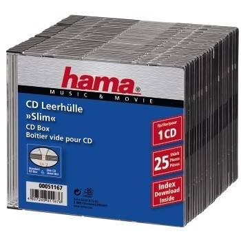 Stapel von Hama schlanken CD-Schmuckkassetten, gekennzeichnet als 'CD Leerhülle Slim' und '1CD', gezeigt als 25er-Pack.