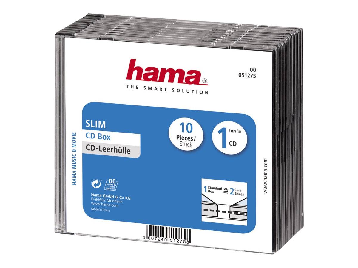 Hama - Slim Jewel Case für Speicher-CD - Kapazität: 1 CD - durchsichtig schwarz (Packung mit 10)