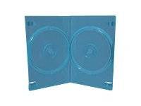 Blaue DVD-Hülle geöffnet, um zwei leere Disc-Halter im Inneren zu zeigen.