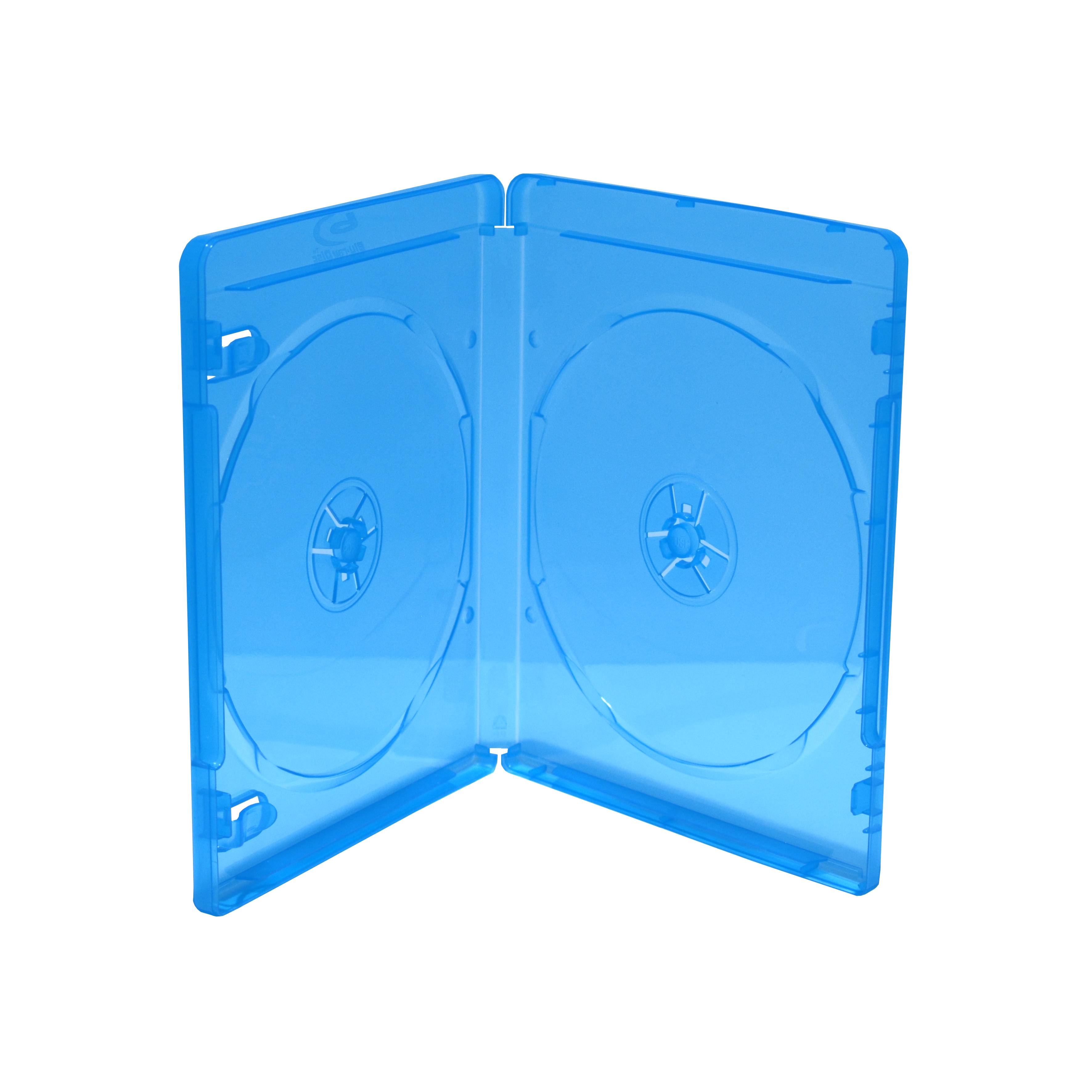 Offene blaue Kunststoff-DVD-Hülle mit zwei Disc-Haltern, leer dargestellt und aufgeklappt auf weißem Hintergrund.