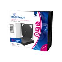 MediaRange 5er-Pack CD/DVD-Hüllen in schwarzem Tablett, gezeigt auf der Produktverpackung.