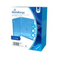Blaue MediaRange CD/DVD Schmuckboxen, 5er-Pack in Einzelhandelskartonverpackung im Winkel angezeigt.