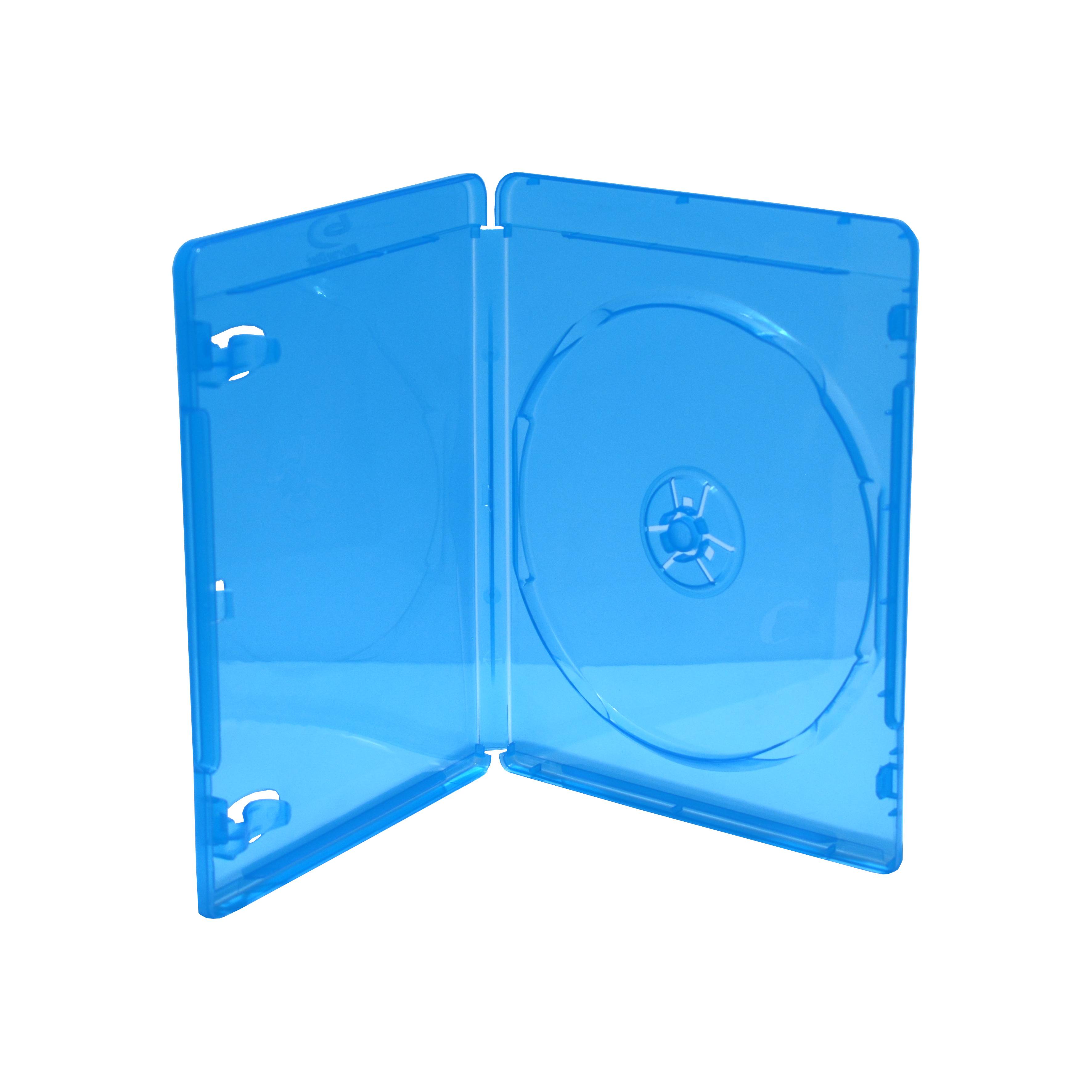 Offene durchsichtige blaue Kunststoff-CD/DVD-Hülle, leer mit sichtbarem Diskettenfach und Scharnieren auf weißem Hintergrund.