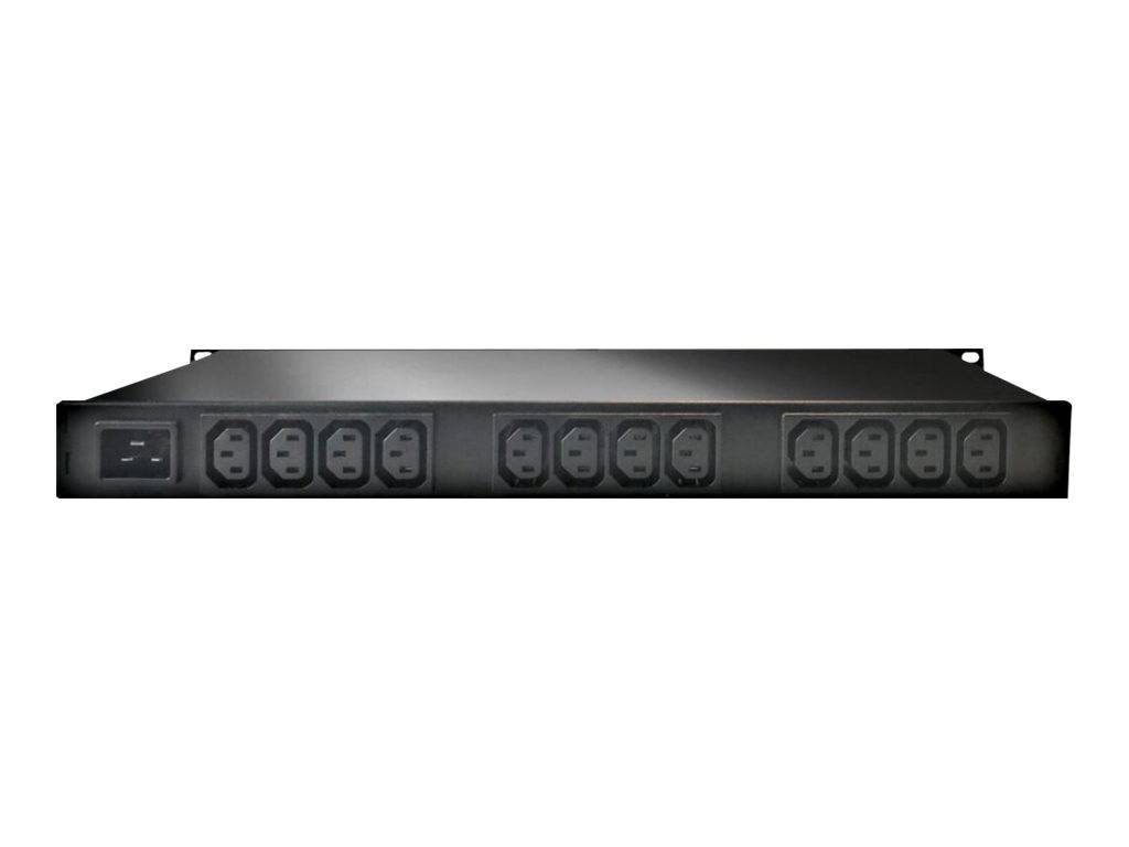 Frontansicht einer schwarzen Rack-Mount-Stromverteilungseinheit mit mehreren Wechselstromausgängen und einer Stromeingangsöffnung, dargestellt auf weißem Hintergrund.