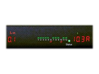 Schwarze elektronische Anzeigetafel mit roter Anzeige „0,1 mA" auf der linken Seite, grünen Status-LEDs mit den Nummern 1–12 in der Mitte und roter Anzeige „10,3A"" auf der rechten Seite.