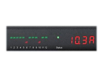 Schwarzes elektronisches Bedienfeld mit 12 nummerierten Kanalanzeigen, Statusleuchte und rotem digitalen Display mit der Anzeige „10,3A".