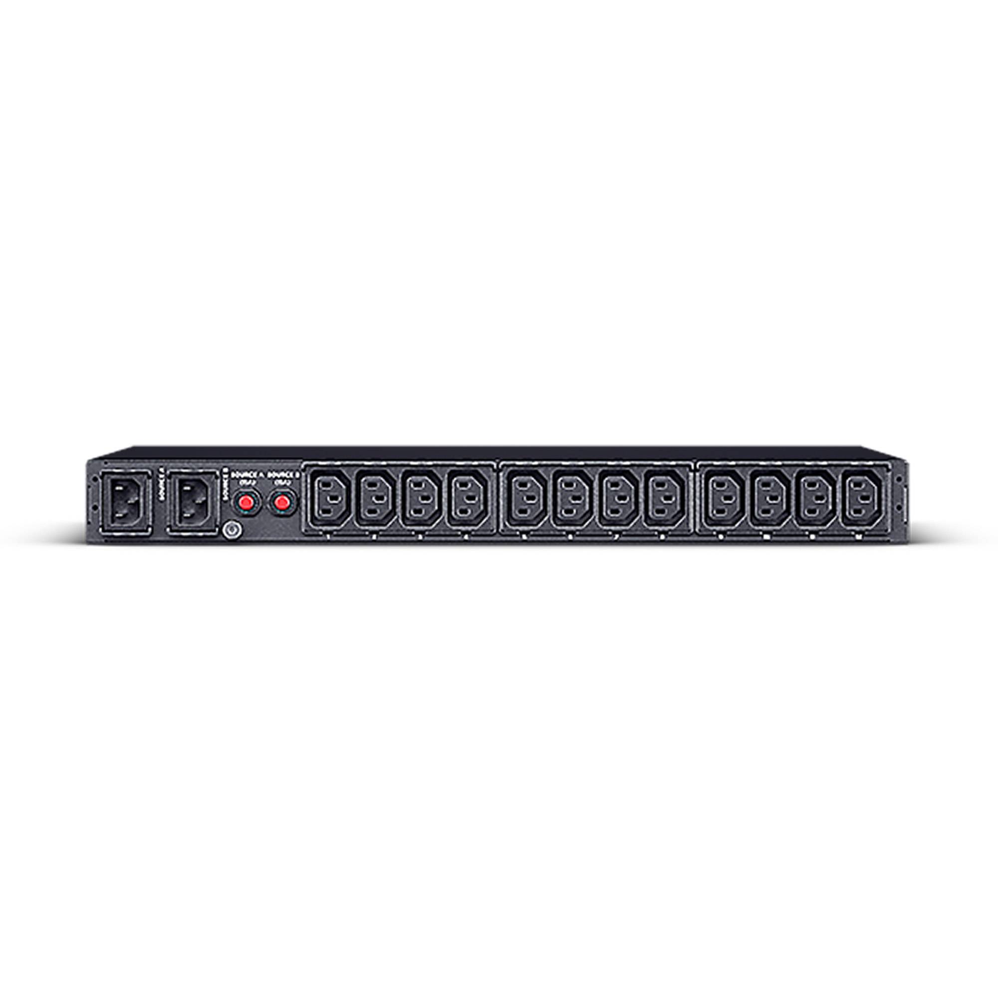 Frontansicht einer Rack-Mount-Stromverteilungseinheit mit mehreren AC-Steckdosen und zwei roten Steuertasten auf weißem Hintergrund.