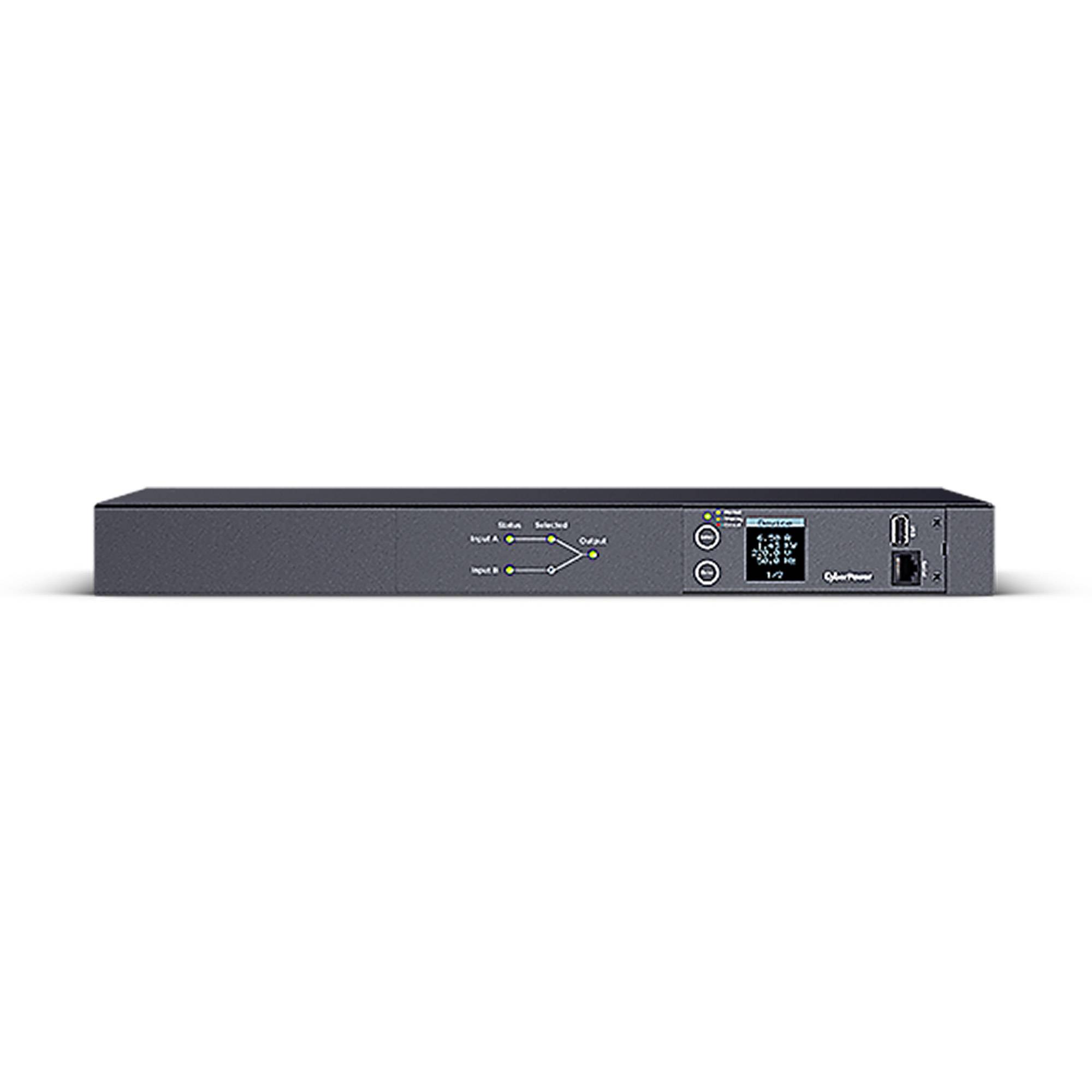 Vorderansicht eines Rack-Mount-Elektronikgeräts mit Statusanzeige-LEDs, kleinem Display, Steuertasten und einem vorderen USB-Anschluss.