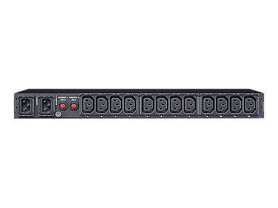 Frontansicht einer Rack-Mount-Stromverteilungseinheit mit mehreren AC-Steckdosen und zwei roten Kontrollleuchten auf der linken Seite