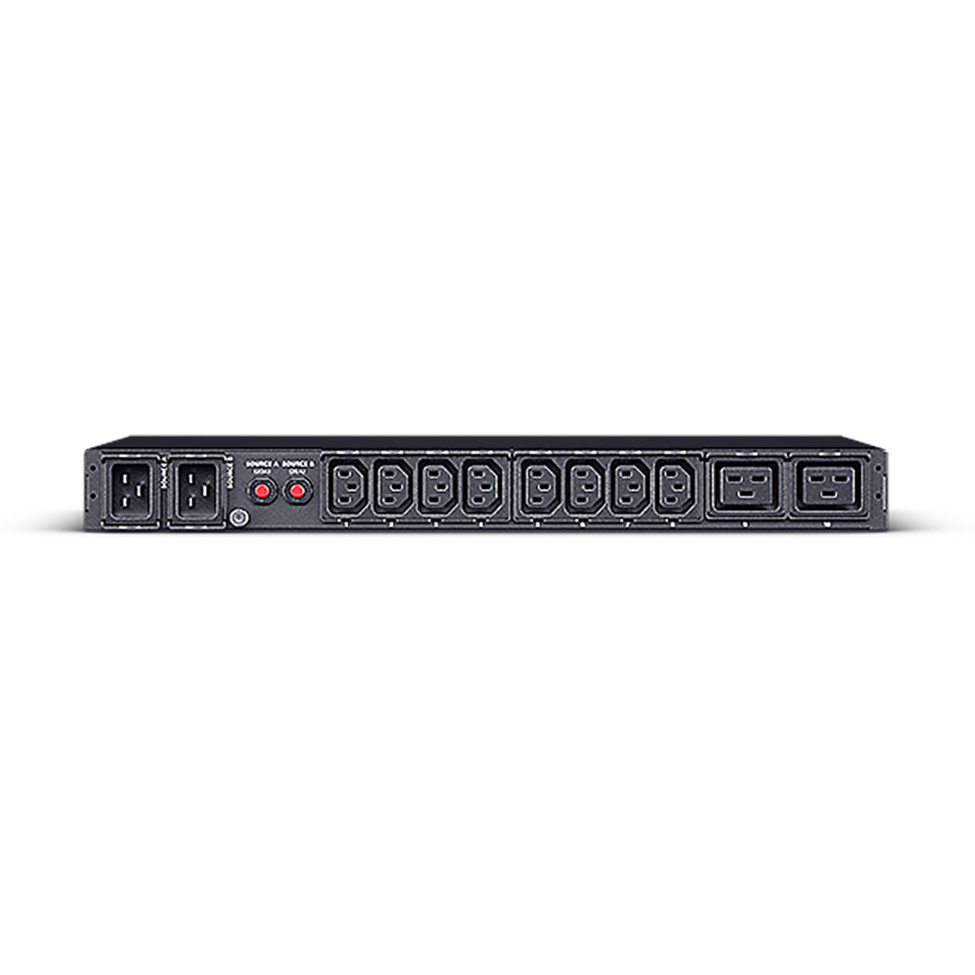 Vorderansicht einer Rack-Mount-Stromverteilungseinheit mit zwei Stromeingängen, Rücksetztasten und mehreren Ausgangsbuchsen.