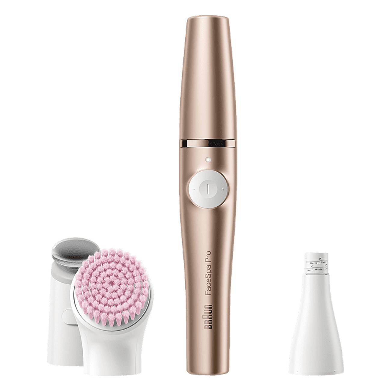 Braun FaceSpa Pro Gesichtsepilierer mit drei austauschbaren Köpfen, darunter einer rosa Reinigungsbürste und einem Präzisions-Trimmer-Aufsatz.