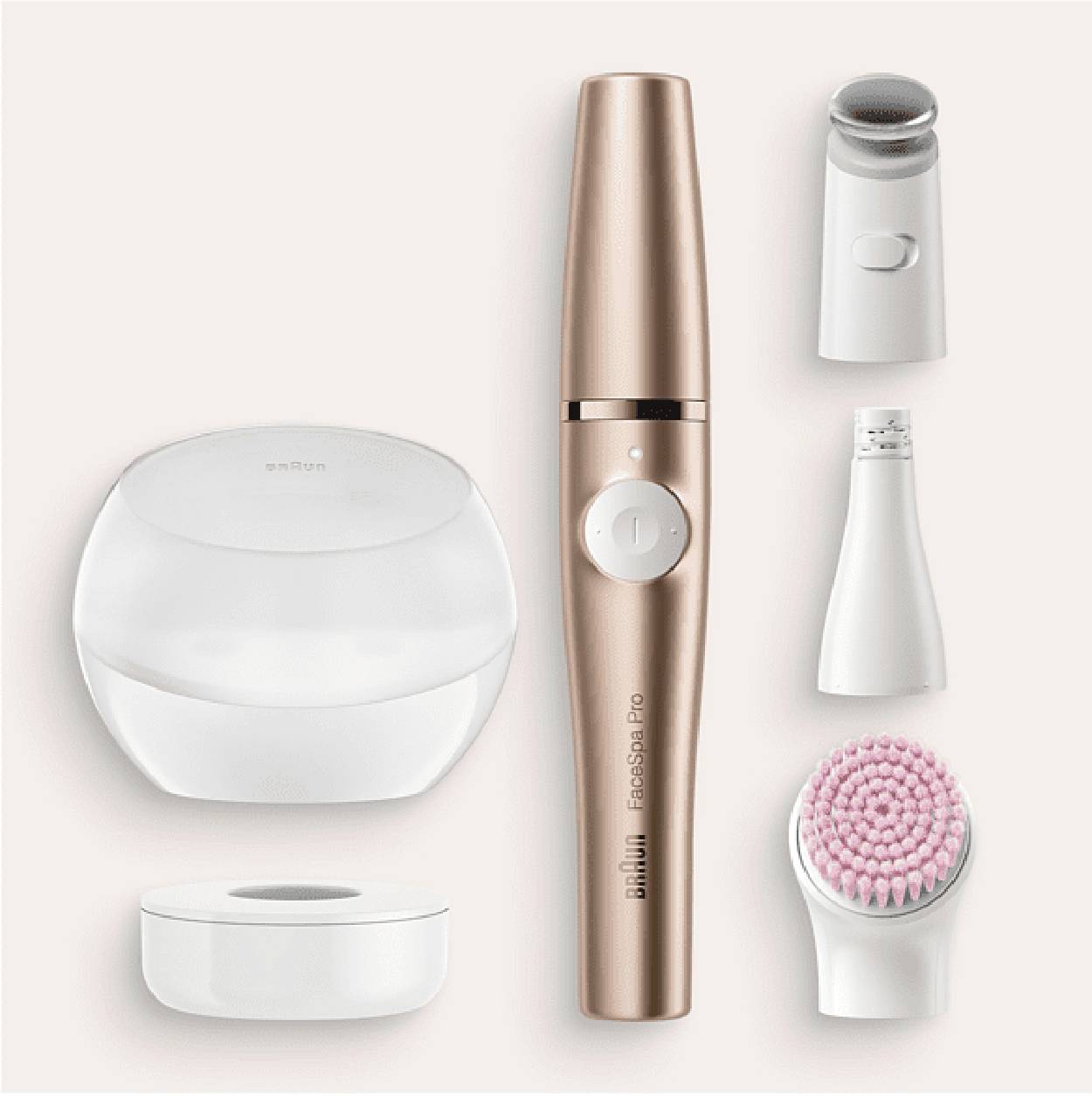Produktpalette eines Braun FaceSpa Pro Gesichtshaarzupfers/Epilators, gezeigt mit dem Hauptgerät und austauschbaren Köpfen auf hellem Hintergrund.