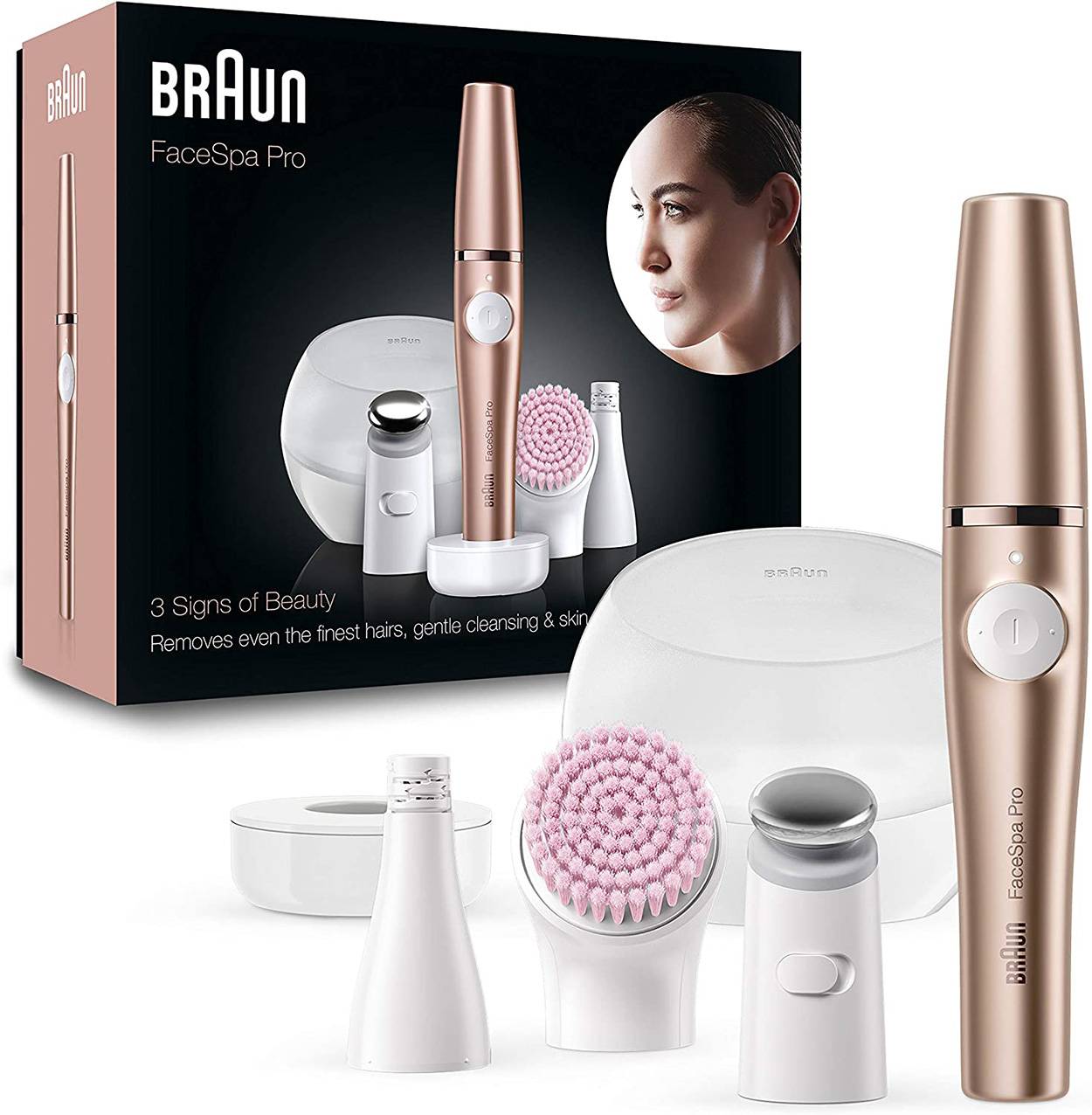Braun FaceSpa Pro Gesichtsreinigungsset mit Verpackung und Zubehör, einschließlich rosa Gesichtsgerät, Reinigungsbürste und Aufsätze, auf weißem Hintergrund dargestellt.