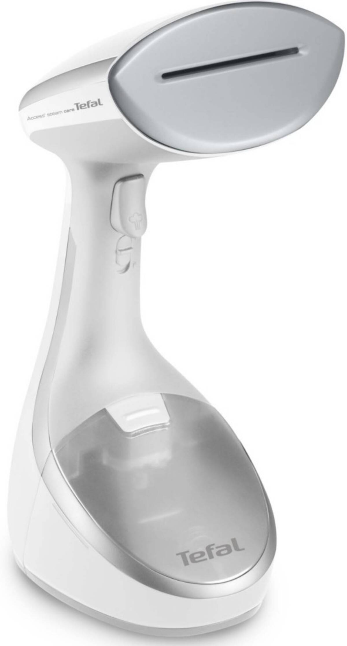 Weißer tragbarer Kleiderdampfer von Tefal mit großem grauem Wasserbehälter und Dampfkopf, gezeigt vor einfachem Hintergrund.