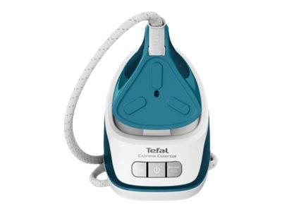 Vorderansicht eines Tefal-Dampfbügeleisens mit weißem und blaugrünem Gehäuse und aufgerolltem Stromkabel.
