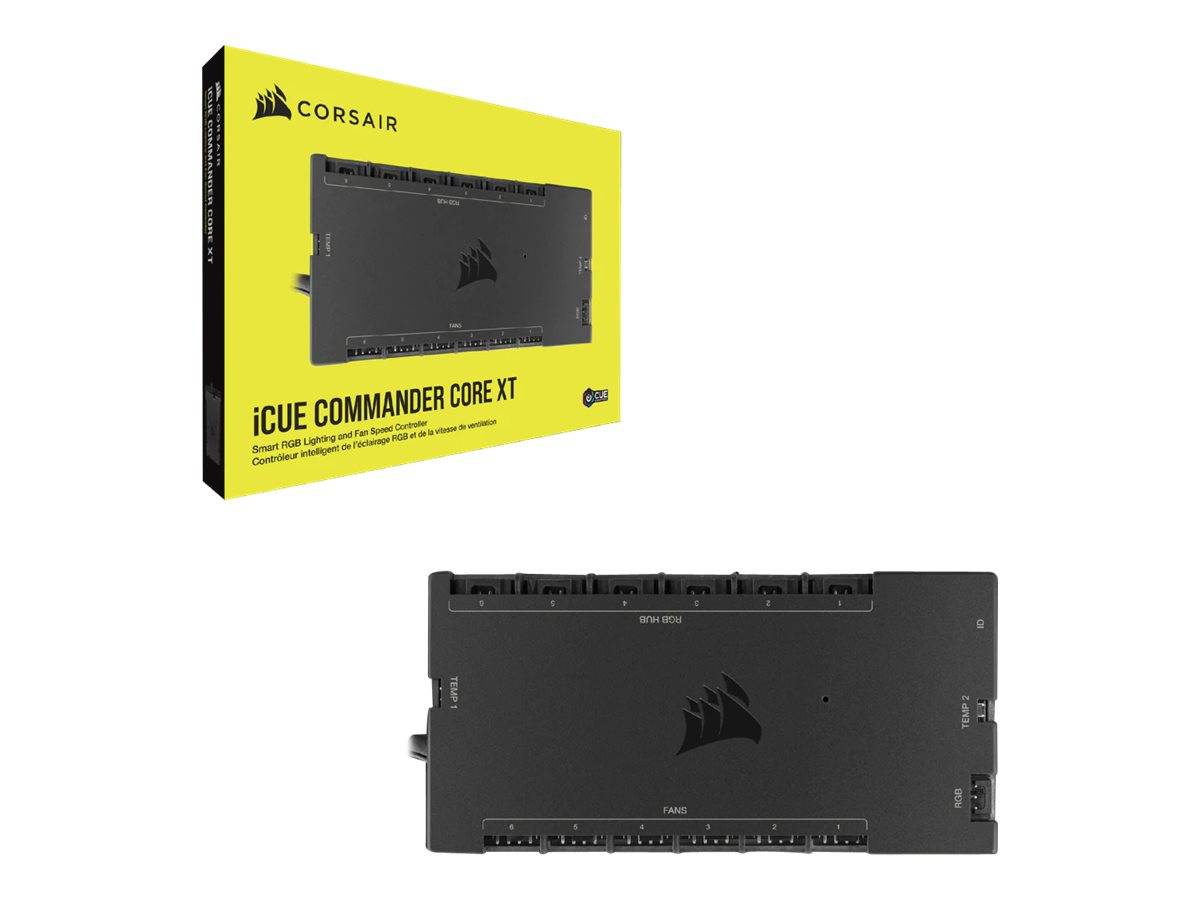 Corsair iCUE Commander Core XT RGB-Lüfter- und Beleuchtungsregler mit seiner gelben Produktbox auf weißem Hintergrund gezeigt.