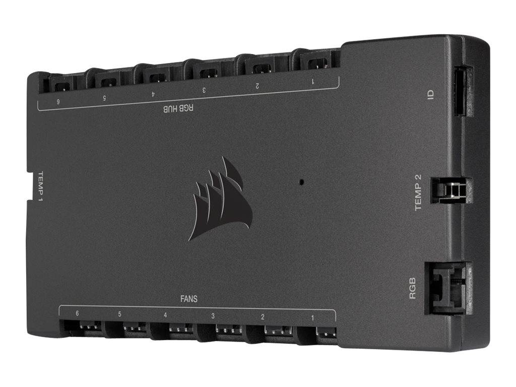 Corsair RGB-Lüfter und RGB-LED-Controller-Hub mit mehreren Lüfteranschlüssen, USB-Verbindung und beschrifteten Anschlüssen für interne PC-Beleuchtung und Kühlung.
