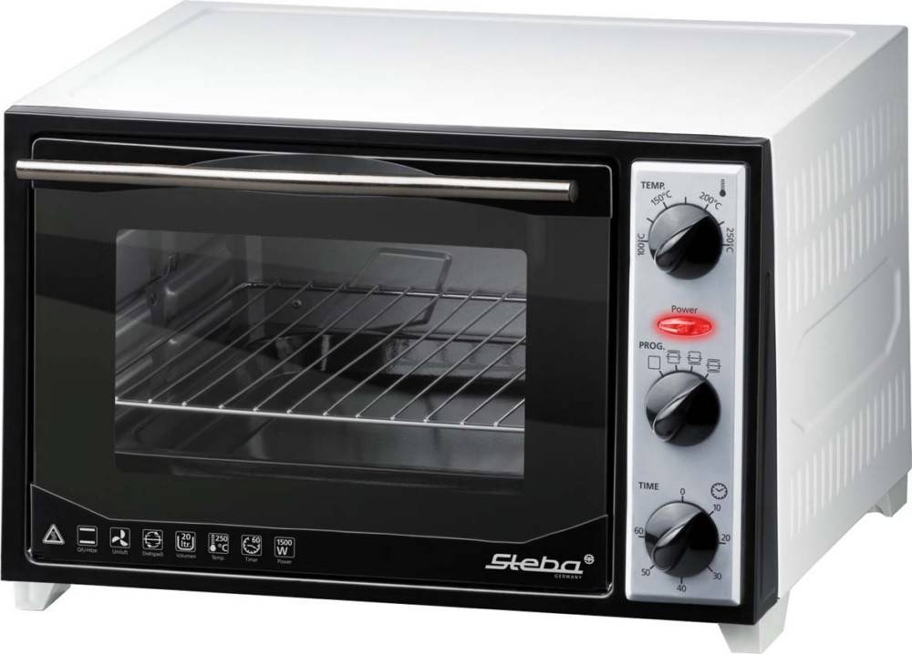 Ein Arbeitsplatten-Backofen mit Glastür, Temperatur- und Timerdrehreglern und einer Betriebsanzeige auf dem rechten Seitenpanel.