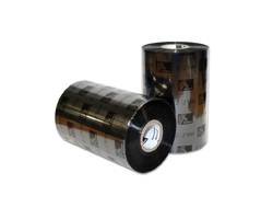 Zwei Rollen glänzend schwarzes Thermoband oder Thermofilm auf weißem Hintergrund, eine liegt horizontal vor der anderen, die aufrecht steht.