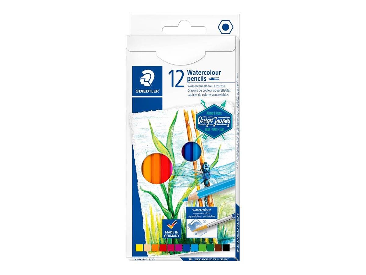 Packung mit 12 Staedtler Aquarellstiften mit farbenfrohem Kunstwerk und 