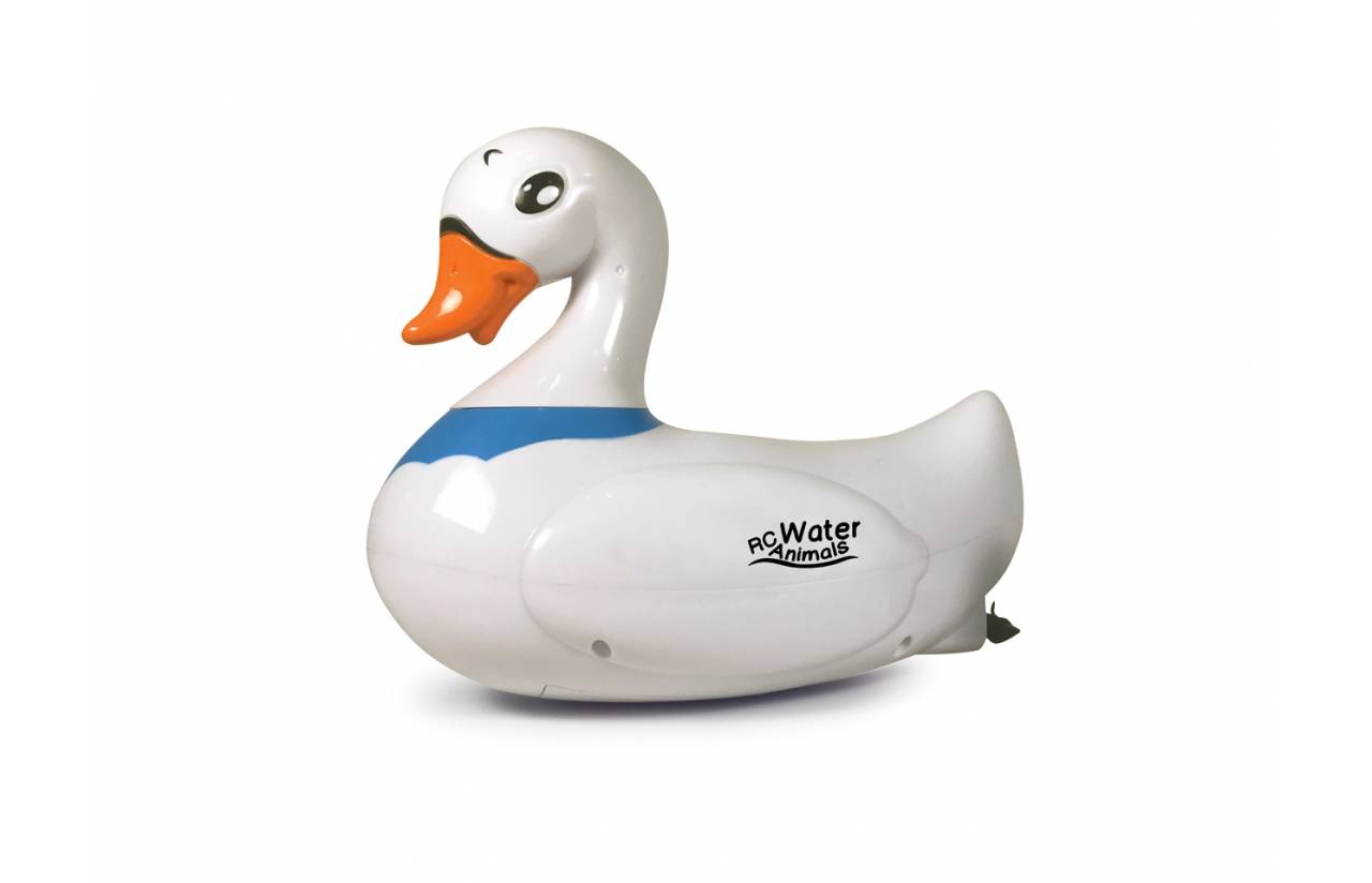 Weiße aufblasbare Entenform für den Pool mit orangefarbenem Schnabel und dem Logo „RC Water Animals" auf der Seite.